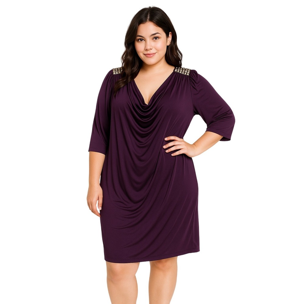 Bisou Bisou Dress 10 Purple Cowl Neck Studded Shoulder Jersey Pullover Retro